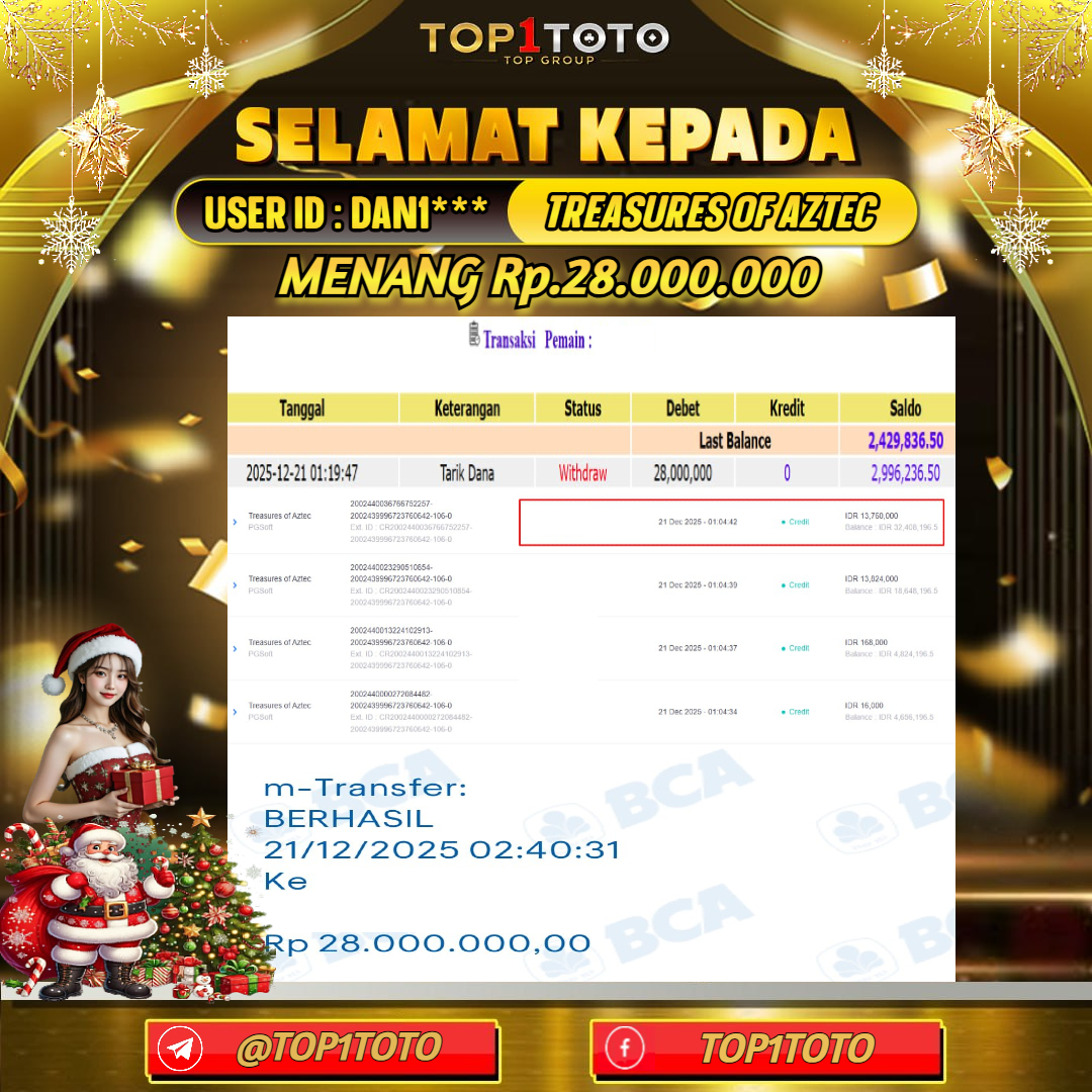 TOP1TOTO JACKPOT SLOT TREASURES OF AZTEC Rp.28.000.000 - LUNAS USER ID : DAN1***