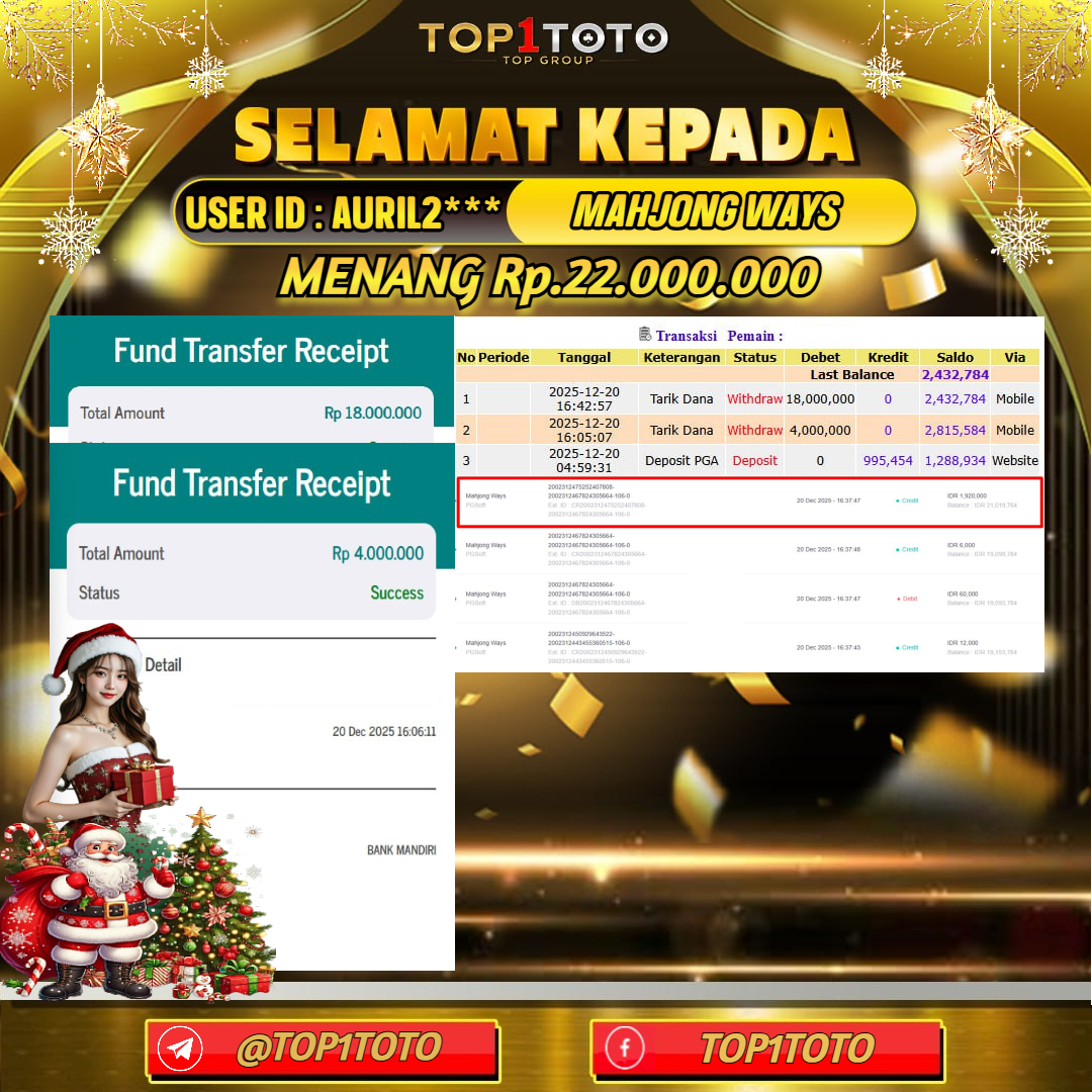 TOP1TOTO JACKPOT SLOT MAHJONG WAYS  Rp.22.000.000 - LUNAS USER ID : AURIL2***