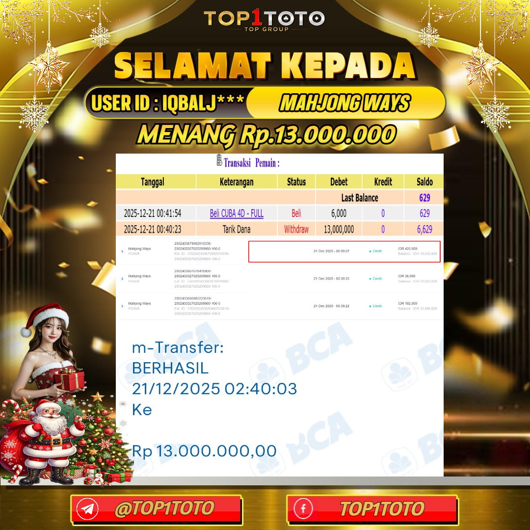 TOP1TOTO JACKPOT SLOT MAHJONG WAYS Rp.13.000.000 - LUNAS USER ID : IQBALJ***