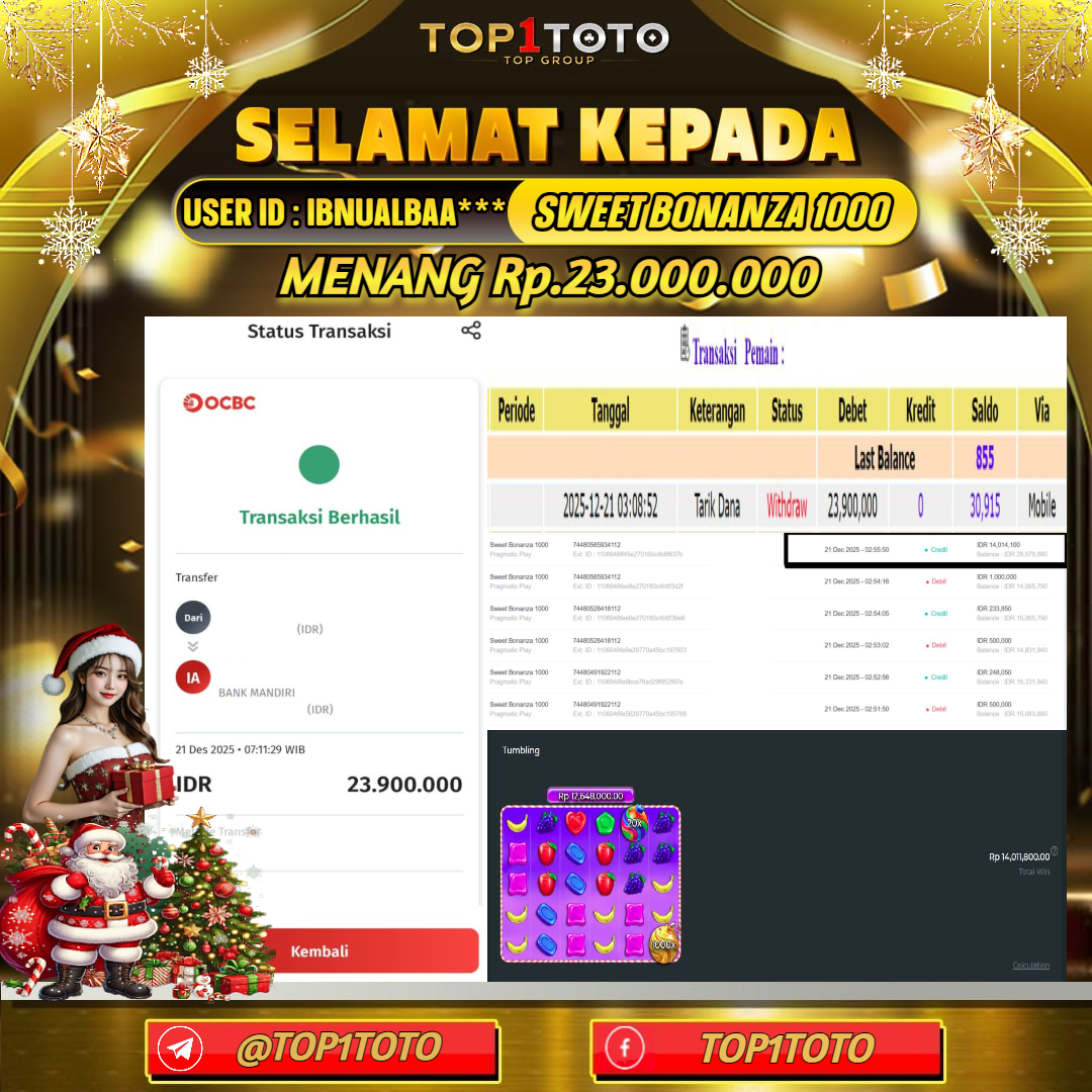 TOP1TOTO JACKPOT SLOT SWEET BONANZA 1000 Rp.23.000.000 - LUNAS USER ID : IBNUALBAA***