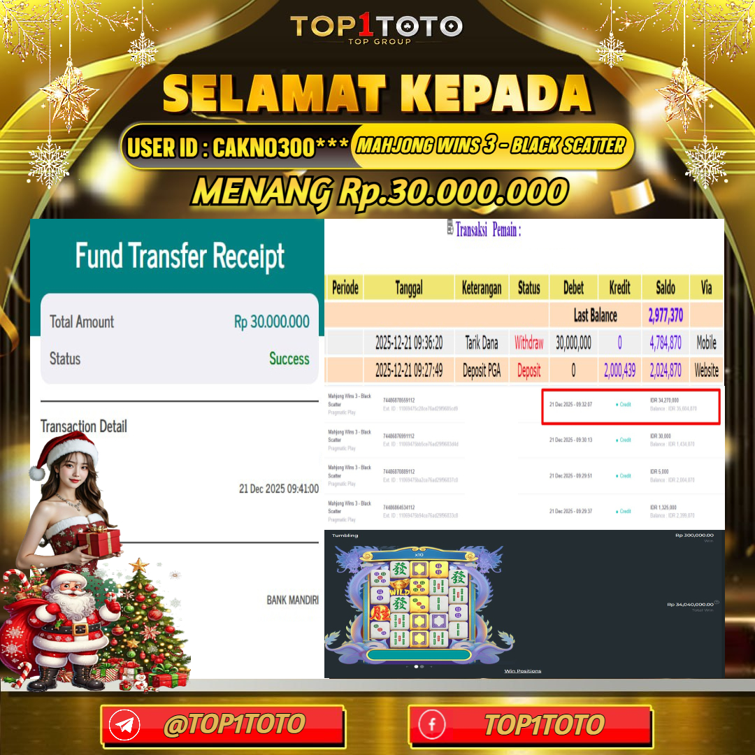 TOP1TOTO JACKPOT SLOT MAHJONG WINS 3 - BLACK SCATTER Rp 30.000.000 - LUNAS USER ID : CAKNO300***