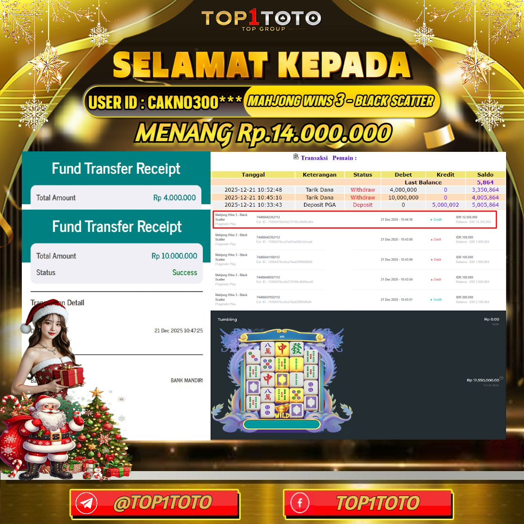 TOP1TOTO JACKPOT SLOT MAHJONG WINS 3 - BLACK SCATTER Rp.14.000.000 - LUNAS USER ID : CAKNO300***