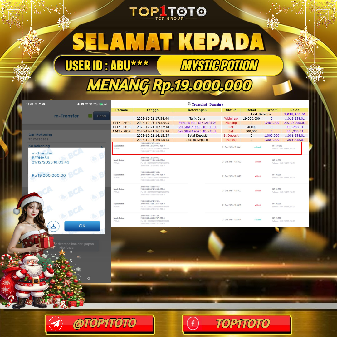 TOP1TOTO JACKPOT SLOT MYSTIC POTION Rp.19.000.000 - LUNAS USER ID : ABU***